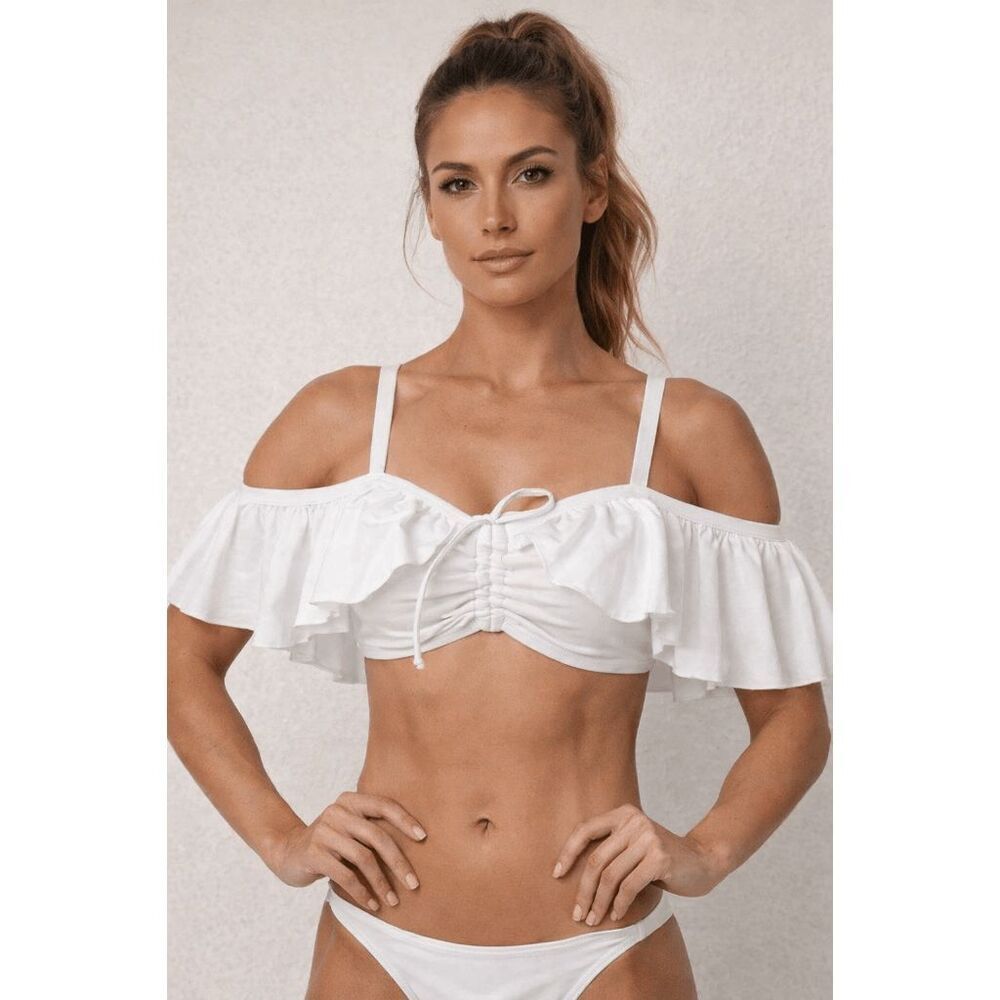 Unique Vintage White Off-Shoulder Ruffle Bikini Top Swimwear Swim Top SMALL